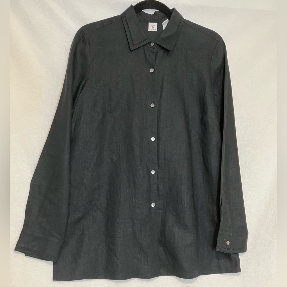 Real Clothes 100% Linen long sleeve Button Down shirt Women's size 8 Black